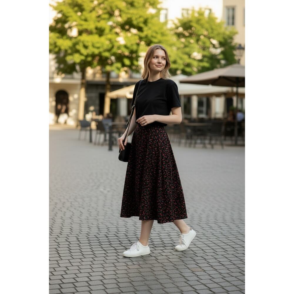 Tulip B Cherry Print Midi Skirt Small Black Red A-Line NWT Lined Retro - Picture 6 of 11